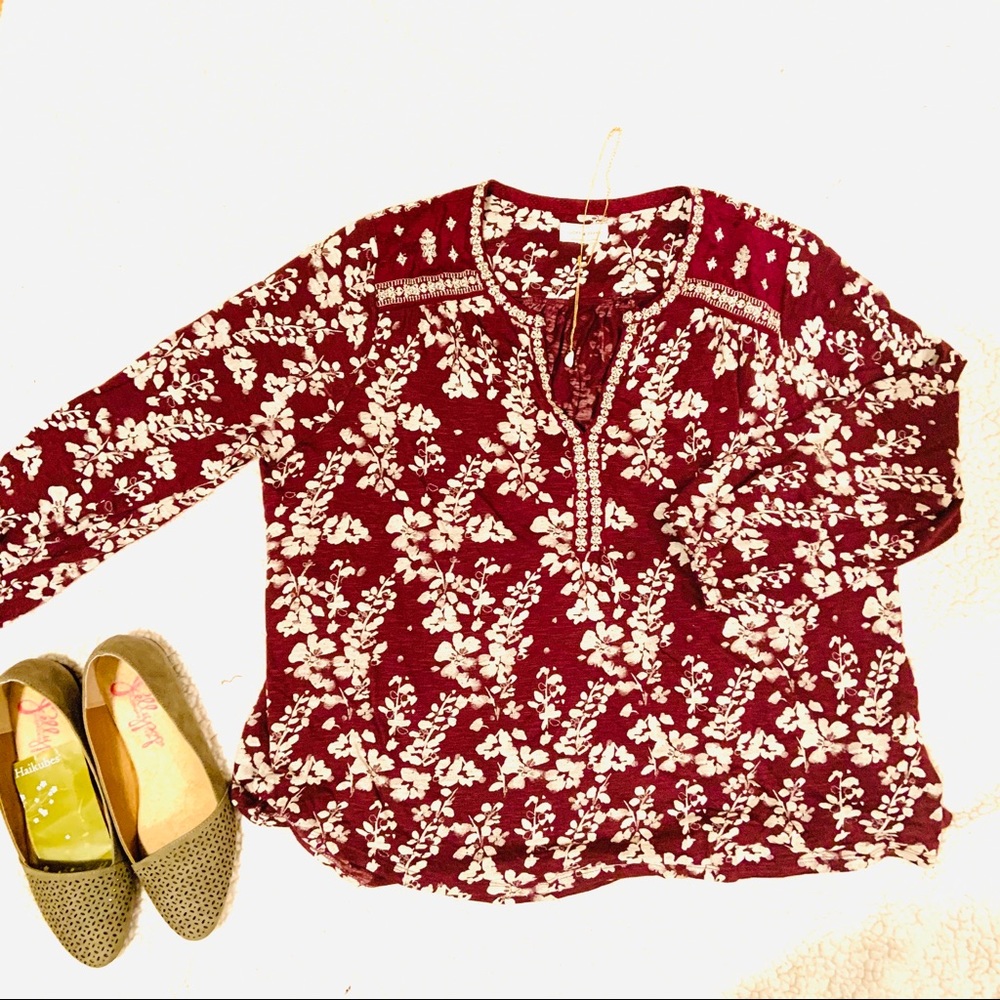2x Plus Lucky Brand Wine High Low Embroidered Top